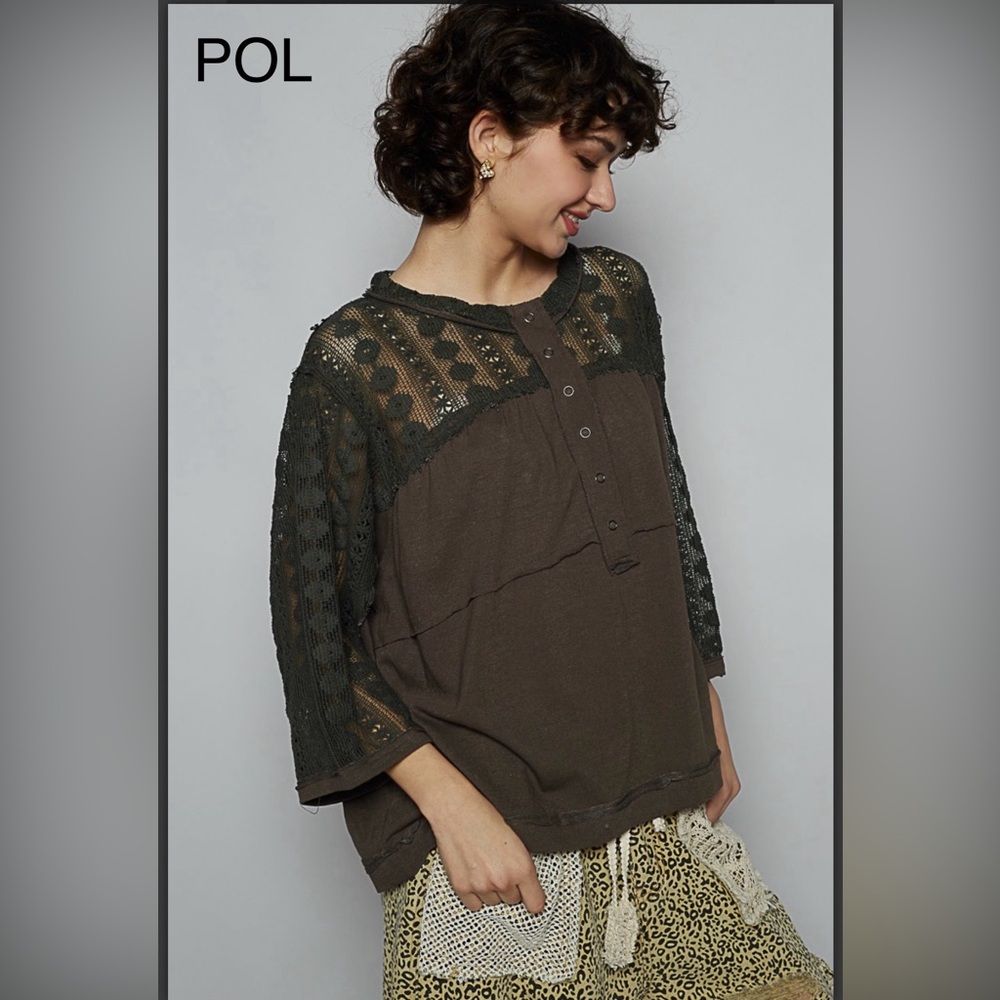 BP215-1🖤POL playful Black& Brown Lace Top w.button placket+lace sleeves+back! - Picture 3 of 6